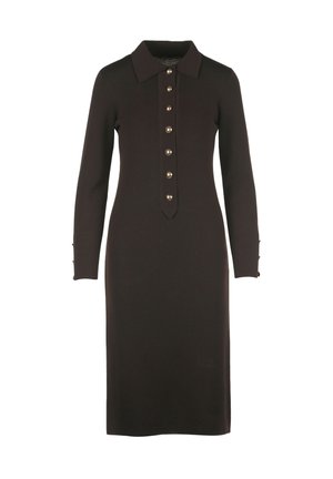 Robe midi en tricot marron foncé à manches longues avec col pointu et boutons dorés sur le devant et sur les poignets.
