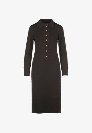 Abito midi a maglia marrone scuro con maniche lunghe, colletto a punta e bottoni dorati sul davanti e sui polsini.