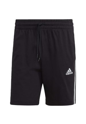 Pantaloni sportivi neri con coulisse in vita, strisce bianche sui lati e il logo Adidas in bianco sul lato destro davanti in basso.
