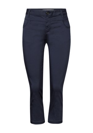 Pantaloni navy tagliati con un tessuto liscio, dotati di chiusura a bottone e due tasche frontali. Design slanciato con una silhouette aderente.