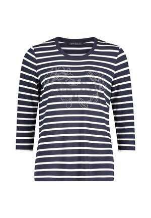 Navyblauw-wit gestreepte longsleeve met ronde hals, decoratieve strass-steentjes en zachte stoftextuur.