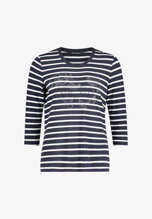 Navyblauw-wit gestreepte longsleeve met ronde hals, decoratieve strass-steentjes en zachte stoftextuur.