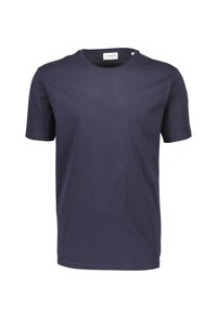 Granatowy bawełniany t-shirt z krótkimi rękawami, okrągłym dekoltem i gładką fakturą. Posiada metkę wewnątrz przy karku.