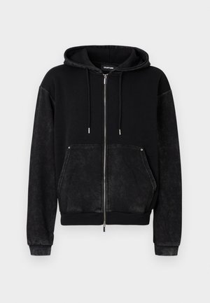 Sort hættejakke med lynlås lavet af bomuldsblanding, med tekstureret design, rummelig frontlomme og snøre i hætten.