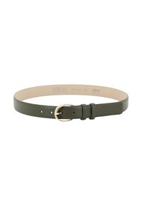 Olive green leather belt with a smooth texture, featuring a gold metal buckle and traditional prong fastening. Adjustable with holes.