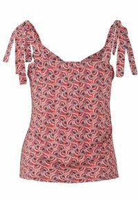 Haut sans manches pour femme avec bretelles ajustables à nouer et motif circulaire de ventilateur rouge, gris et blanc sur le tissu.
