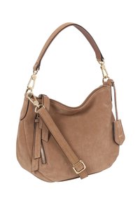 Suede handbag in light brown with a curved shape. Features a detachable shoulder strap, gold hardware, and zipper detail on the side.