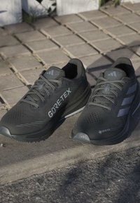 Zwarte hardloopschoenen met een gestructureerde bovenkant, GORE-TEX merknaam, reflecterende accenten en een gevoerde zool, geplaatst op een kasseienoppervlak.