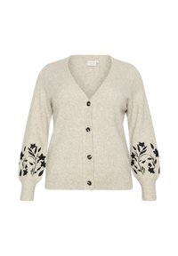 Ljusgrå cardigan i mjuk stickning med V-ringning och fem svarta knappar. Har svart blommönsterbroderi på varje ärm.