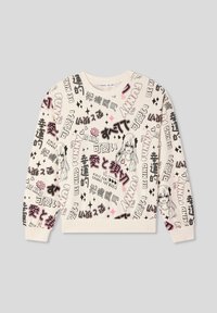 Felpa crema con grafica testo e illustrazioni nere e rosa, scollo rotondo, polsini a costine e design stampato in tutta la superficie.