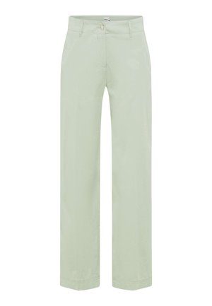 Helle grüne, weit geschnittene Hose aus weichem Stoff. Mit einem Reißverschluss vorne, Knopfverschluß und standardmäßigen Taschen. Glatte Textur, ohne Muster.