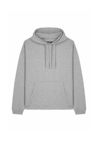 Sweat à capuche gris avec poche avant, capuche à cordon, poignets et ourlet côtelés. Fabriqué en tissu doux et texturé. Design simple et décontracté sans motifs.