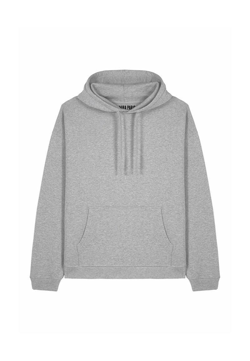 Sweat à capuche gris avec poche avant, capuche à cordon, poignets et ourlet côtelés. Fabriqué en tissu doux et texturé. Design simple et décontracté sans motifs.
