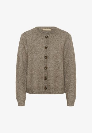 Button-up cardigan in soft, textured brown fabric. Features a round neckline, long sleeves, and six dark buttons down the front.