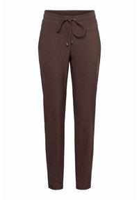 Bruine taps toelopende joggers met een tailleband met trekkoord. Gemaakt van zacht materiaal met een gladde textuur en subtiele glans. Zonder zakken of zichtbare hardware.