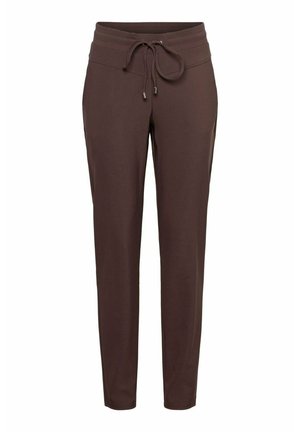 Bruine taps toelopende joggers met een tailleband met trekkoord. Gemaakt van zacht materiaal met een gladde textuur en subtiele glans. Zonder zakken of zichtbare hardware.