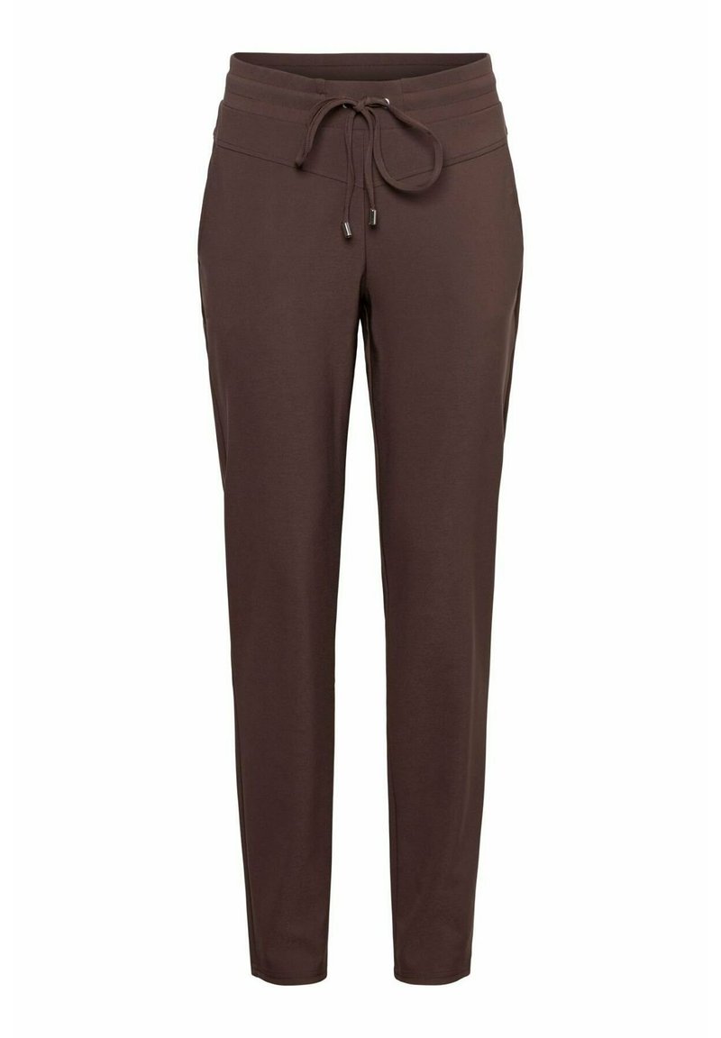 Bruine taps toelopende joggers met een tailleband met trekkoord. Gemaakt van zacht materiaal met een gladde textuur en subtiele glans. Zonder zakken of zichtbare hardware.