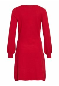 Rotes langärmliges Kleid mit rundem Ausschnitt. Glatte Textur, leicht ausgestellte Form und geraffte Ärmel an den Manschetten.
