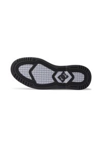 Black rubber shoe sole with a patterned gray surface, featuring a logo in the center and textured grip lines along the edges.