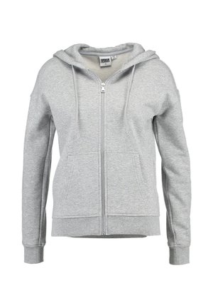 Svijetlosiva dukserica na patentni zatvarač s prednjim džepovima, kapuljačom s vrpcom za vezanje i rebrastim manšetama i rubom, prikazana na bijeloj pozadini.