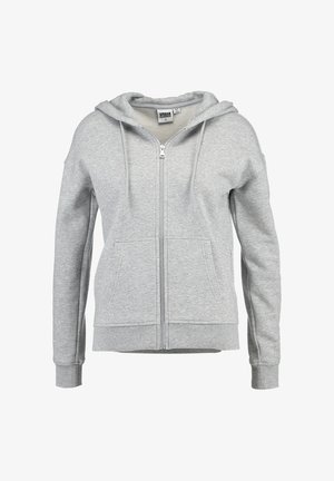 Svetlosivá mikina na zips s prednými vreckami, kapucňou so šnúrkou a rebrovanými manžetami a lemom na bielom pozadí.