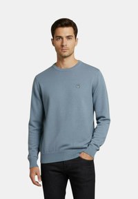 Felpa celeste con scollo rotondo realizzata in tessuto morbido, con orlo e polsini a costine e un piccolo dettaglio logo sul petto.