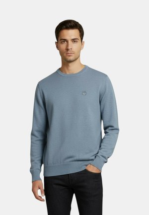 Felpa celeste con scollo rotondo realizzata in tessuto morbido, con orlo e polsini a costine e un piccolo dettaglio logo sul petto.