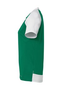 Camicetta verde a maniche corte con colletto e polsini bianchi, caratterizzata da un design con pannelli laterali. Realizzata in tessuto traspirante con una texture liscia.