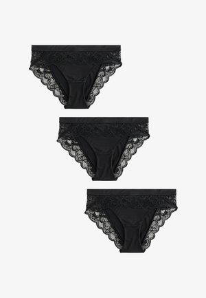 Three black women's underwear pieces with lace trim around the waistband and leg openings, displayed on a white background.