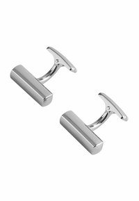 Silberne Manschettenknöpfe mit einem rechteckigen, polierten Design. Sie haben eine glatte Oberfläche und einen T-Bar-Verschluss für sicheren Halt.