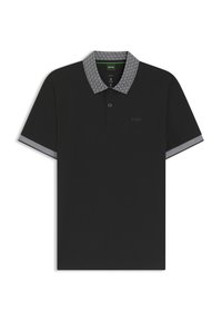 Czarna koszulka polo z teksturowanym szarym kołnierzykiem i akcentami na rękawach. Posiada listwę z trzema guzikami oraz subtelne logo na piersi.