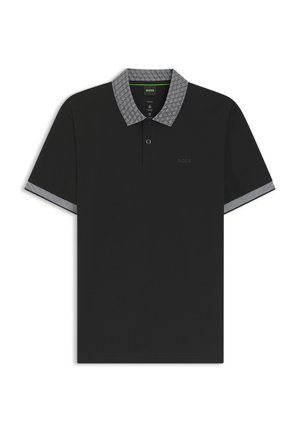 Czarna koszulka polo z teksturowanym szarym kołnierzykiem i akcentami na rękawach. Posiada listwę z trzema guzikami oraz subtelne logo na piersi.