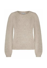 Beige gebreide trui met lange mouwen, ronde halslijn, geribde cuffs en zoom, voorzien van een subtiel verhoogd bloemmotief op de borst.
