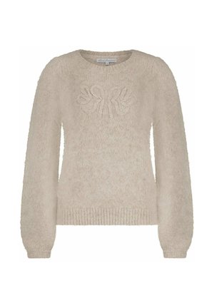 Beige gebreide trui met lange mouwen, ronde halslijn, geribde cuffs en zoom, voorzien van een subtiel verhoogd bloemmotief op de borst.