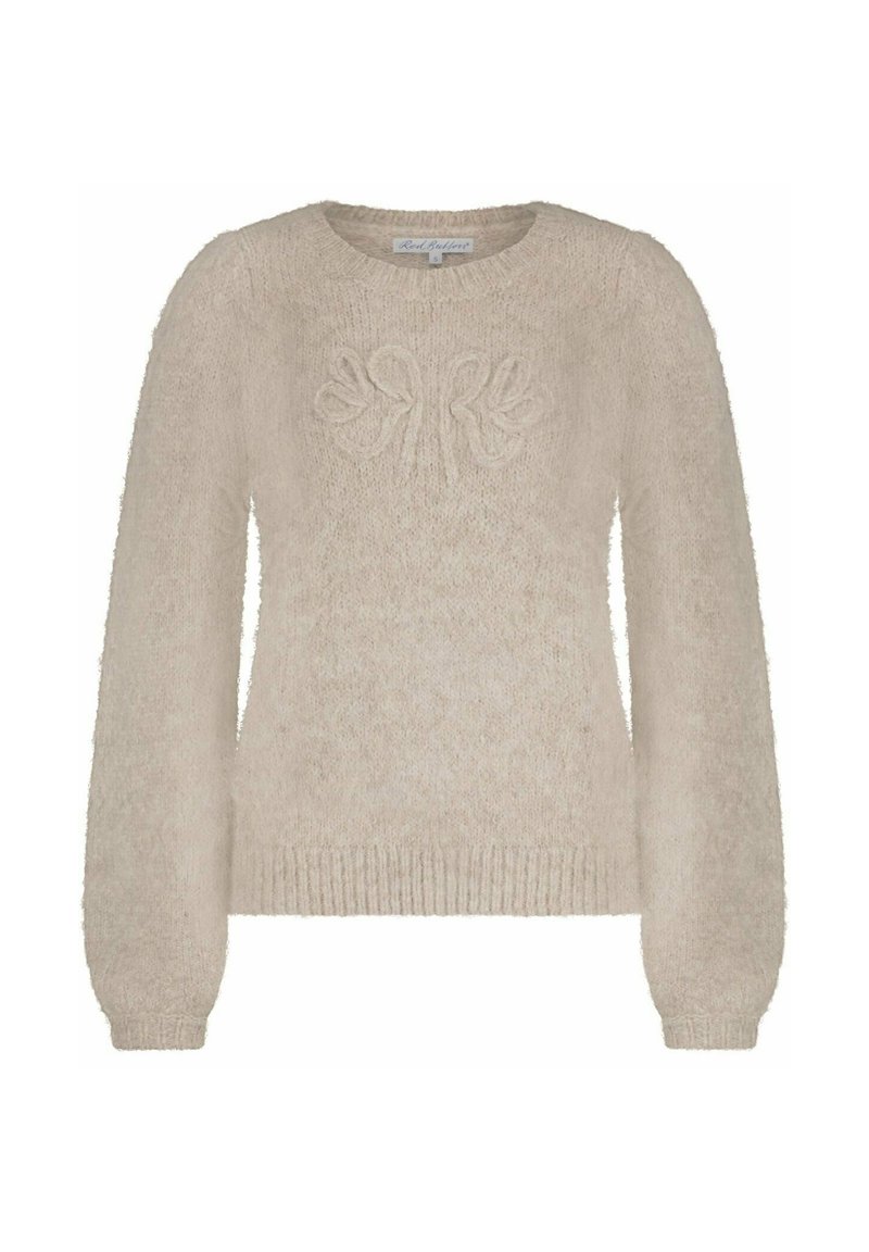 Beige gebreide trui met lange mouwen, ronde halslijn, geribde cuffs en zoom, voorzien van een subtiel verhoogd bloemmotief op de borst.