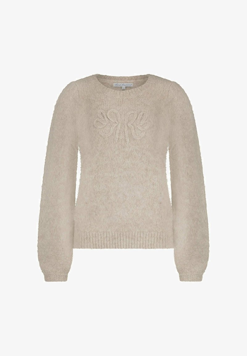 Pull en tricot beige à manches longues, col rond, avec des poignets et un ourlet côtelés, présentant un subtil motif floral en relief sur la poitrine.