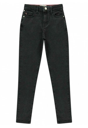Zwarte hoge taille jeans met een slim fit, voorzien van vijf zakken, metalen hardware en minimale stikdetails. Gladde denim textuur.