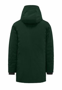 Cappotto a cappuccio verde scuro con una texture liscia. Presenta un design a taglio dritto, maniche lunghe e bordi neri sui polsini.