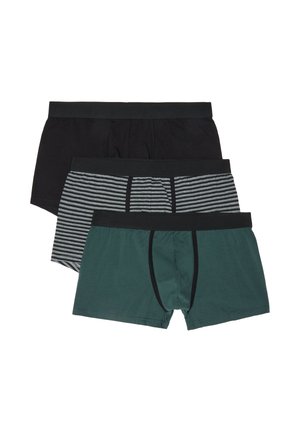 Drei Herren-Boxershorts in Schwarz, Grau mit schwarzen Streifen und einfarbig Dunkelgrün mit schwarzem Besatz, übereinanderliegend angeordnet.