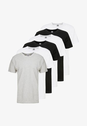 Zes t-shirts op een rij: één grijze, vier witte en één zwarte. Korte mouwen, ronde hals, gemaakt van gladde katoen met een uniform ontwerp.