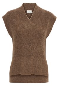Bruine gebreide mouwloze vest met geribde V-hals en gestructureerd patroon, maat medium volgens het label van het merk Kaffe.