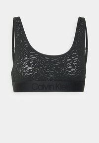 Svart spets-Bralette med blommönster, rundad halsringning, tunna axelremmar och ett fast band med "Calvin Klein" präglat i svart.
