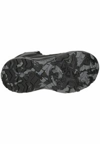 Suela de calzado negra con surcos profundos y multidireccionales en un patrón de camuflaje. El material parece ser goma, con un acabado texturizado para mejor agarre.
