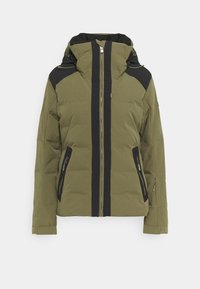 Doudoune vert olive avec une bande d'accent noire, poches zippées et capuche avec cordon de serrage. Fabriquée en tissu résistant à l'eau.