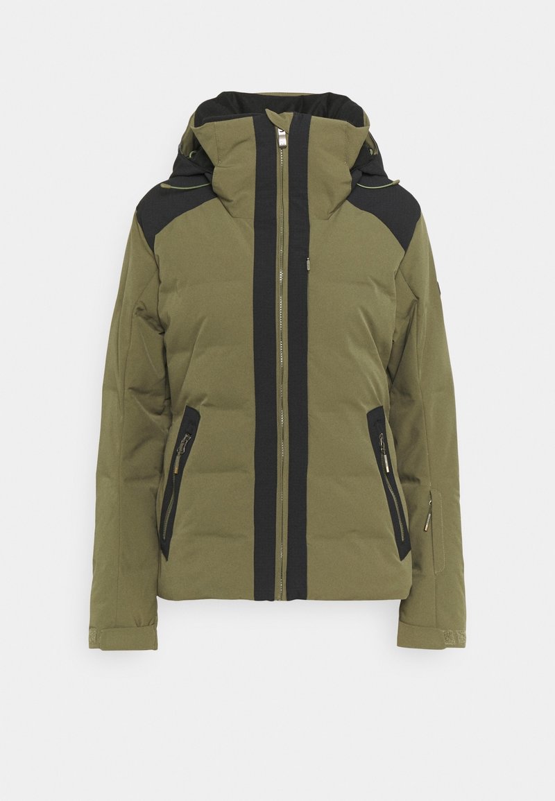 Doudoune vert olive avec une bande d'accent noire, poches zippées et capuche avec cordon de serrage. Fabriquée en tissu résistant à l'eau.