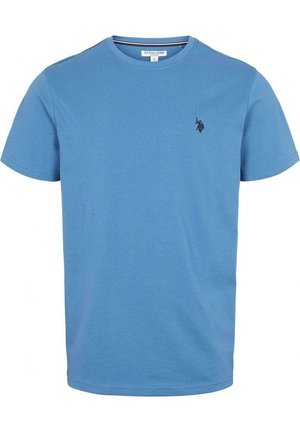 Niebieska bawełniana koszulka z krótkim rękawem, z okrągłym dekoltem i małym haftowanym logo na piersi. Gładka faktura, casualowy krój.