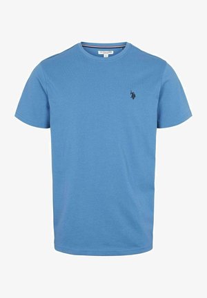 T-shirt en coton bleu à manches courtes avec un col rond et un petit logo brodé sur la poitrine. Texture lisse, coupe décontractée.