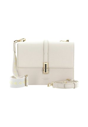 Sac à main en cuir blanc avec une fermeture à pression dorée. Dispose d'une bandoulière blanche amovible avec des accents jaunes. Design structuré et coutures minimales.