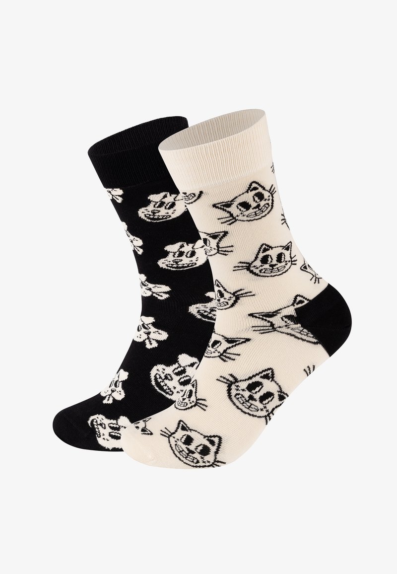 Et par bomuldsstrømper med sort stof med hvide katteansigt og blomster, samt et off-white stof med sorte katte motiver.