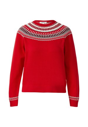 Roter Strickpullover mit rundem Ausschnitt und gemustertem Einsatz am Oberteil mit weißen und dunklen Akzenten, gerippten Bündchen und Saum.